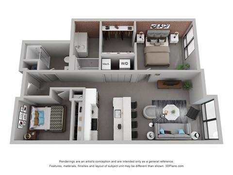 Floor plan for 2 beds, 2 baths, 834 sqft